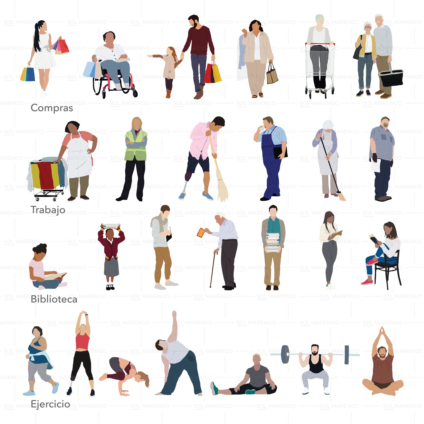 100 illustrated people - actions | Vector & PNG