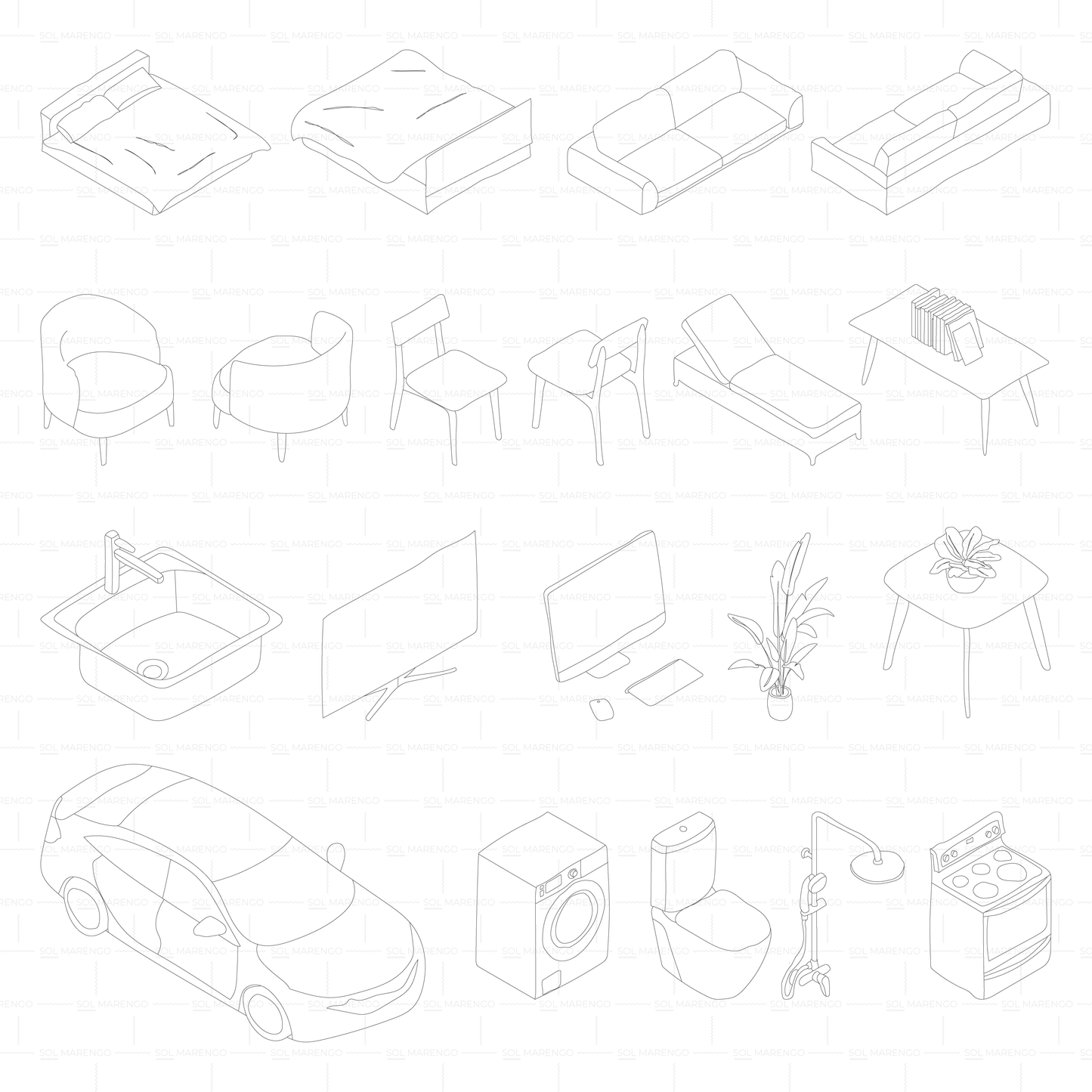 Mobiliario isométrico dibujado | CAD, Vector & PNG